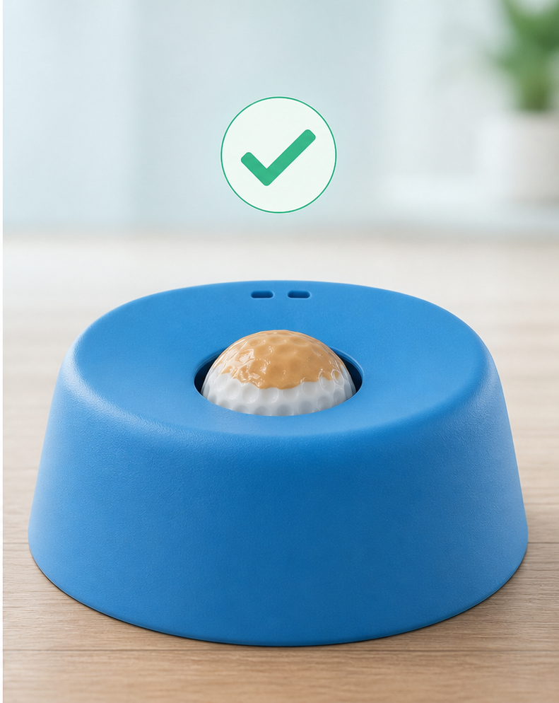 LickCalm feeder showing coated rollerball in the center
