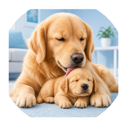 Mother dog grooming puppy
