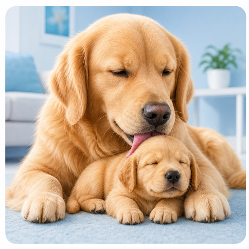 Mother dog grooming puppy