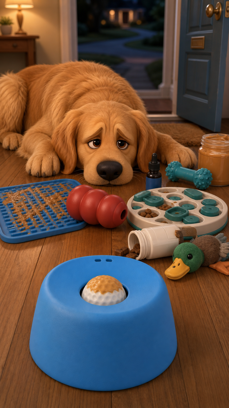 Tired dog near an open door with failed toys behind a working LickCalm feeder